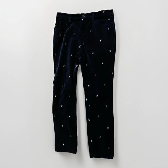 Talbots Navy Velveteen Embroidered Winter Penguins Christmas Holiday Pants 2P - Picture 1 of 10